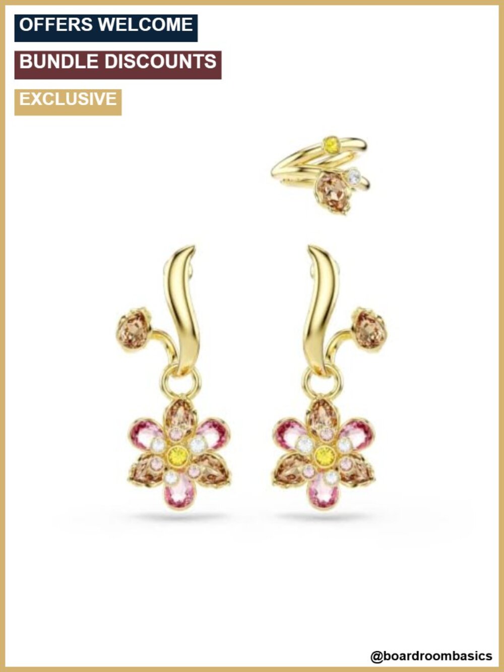 Swarovski Idyllia Earrings Set of 3 Mixed Cuts Flower Gold-Tone Finish